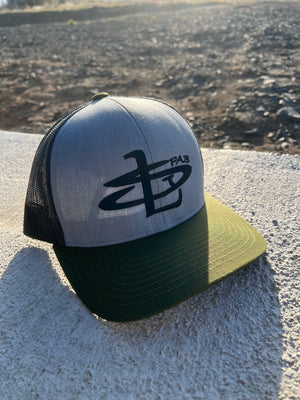 Open image in slideshow, OG STL Logo PH 104c Trucker SnapBack Hat Heather Grey/Lt Charcoal/Moss Green
